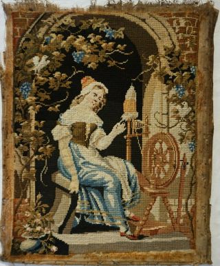 MID/LATE 19TH CENTURY NEEDLEPOINT PICTURE OF A WOMAN SPINNING THREAD - c.  1870 2