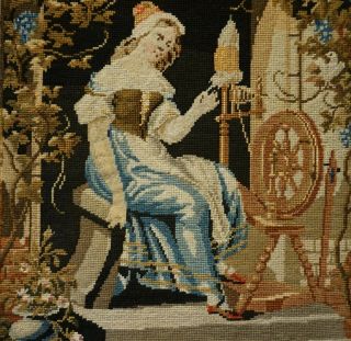 MID/LATE 19TH CENTURY NEEDLEPOINT PICTURE OF A WOMAN SPINNING THREAD - c.  1870 4