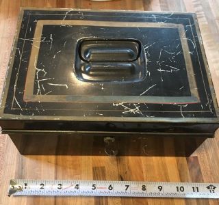 Antique Primitive 19th Century Locking Tin Document Cash Box Paint Key