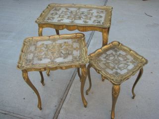 Vintage Italy Gold Gilt Florentine Tole Nesting Stacking Tables