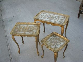 Vintage Italy Gold Gilt Florentine Tole Nesting Stacking Tables 2