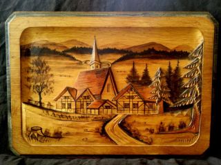 Vintage German Wood Carved Panel Of Alpine Village Bamberg 1955 15.  75 " By 11.  25 "