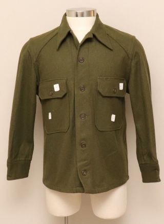 Nos Vintage 1960 - 70s M Green Wool Military Button Up Shirt Uniform Shirt