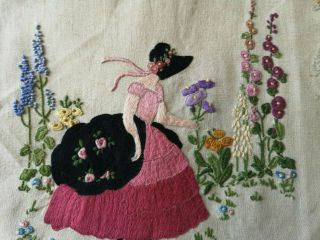 Vintage Embroidered Crinoline Lady Country Cottage Garden Panel