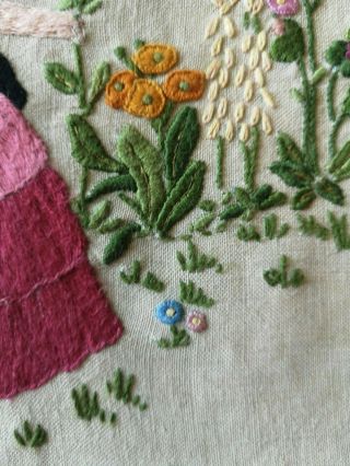 VINTAGE EMBROIDERED CRINOLINE LADY COUNTRY COTTAGE GARDEN PANEL 6