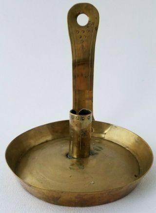 Antique Brass Candle Holder/ Chamberstick Hand Forged With Stars,  Dated 1783