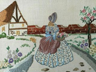 Large Vintage Embroidered Pretty Crinoline Lady Cottage Garden Floral Panel