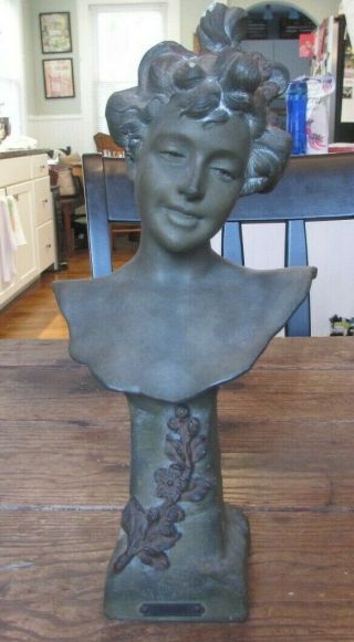Antique French Art Nouveau Lady Spelter Metal Bust Fleur De Pommier Signed Caro