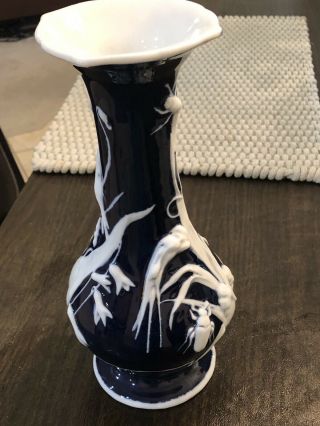 Pate Sur Pate Vase In Dark Blue With White Beetles Crickets Floral White Inner