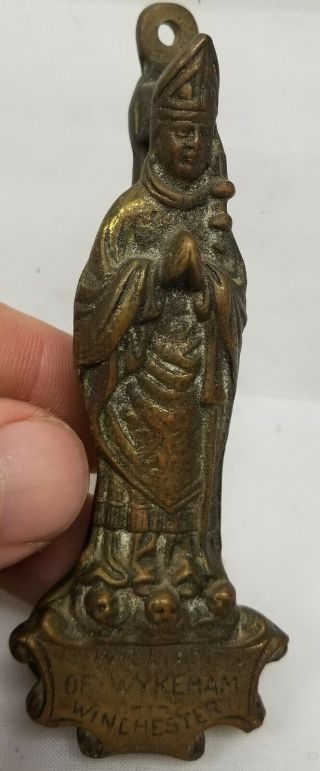 Antique Cast Brass Bronze Religious Icon Door Knocker Bishop William of Wykeham 2