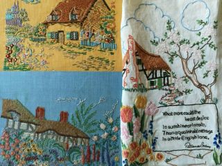 3 Vintage Embroidered English Country Cottage Garden Poem Panels