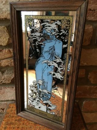 Vintage Art Nouveau Mucha Style Decorative Winter Mirror With Wooden Frame 18x33