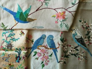 4 Vintage Embroidered Bird Picture Panels Teapot Cover Budgie Budgerigar