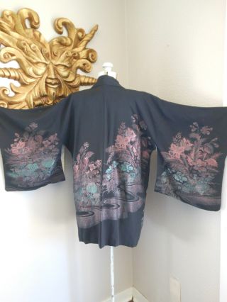 Vtg Silk Japanese Haori Boho Black Metallic Garden Floral Flapper Robe Jacket