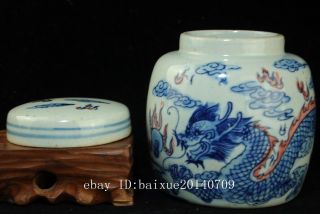 china old Blue and Underglaze Red Hand painted Dragon porcelain tea caddy b01 4