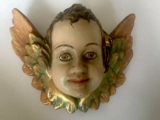 Carved Wooden Bust Of Winged Angel Head,  Hand Painted,  Gilt Wings,  Detail,  Spain