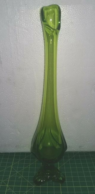 Vintage Mid Century Modern Lime Olive Green Flame Studio Art Glass Vase 12 " Tall