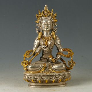 Chinese Antique Silver Copper Gilt Carved Figure Of Buddha Statue Gl680