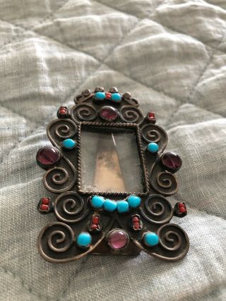 Vintage Taxco Mexico Sterling Silver Turquoise,  Amethyst,  Coral Picture Frame