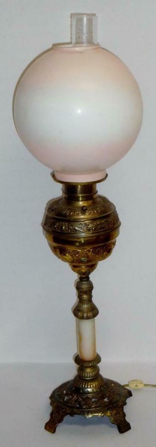 Antique Victorian Cast Iron Pierced Base Banquet Table Lamp W/pink & White Shade