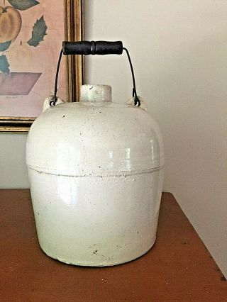 Vintage Stoneware Whiskey Jug With Wire And Wood Bale Handle - Farmhouse