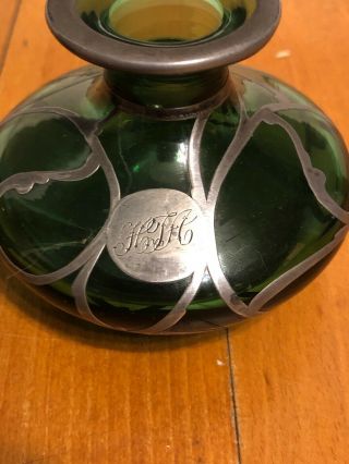 Silver Overlay Heavy Silver On Green Glass Perfume Bottle ANTIQUE 7