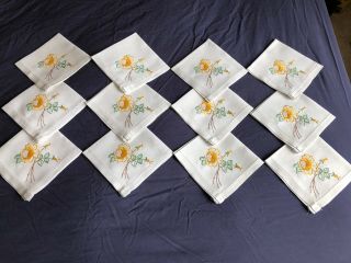 Lovely Vintage Cream Irish Linen Hand Embroidered Set 12 Luncheon / Tea Napkins