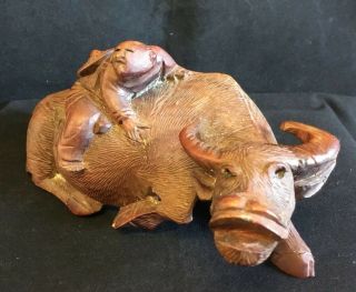Antique Chinese Carved Oxen / Water Buffalo With Figure Of Man On Top Treen