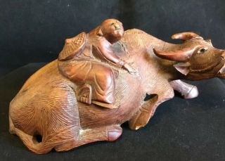 ANTIQUE CHINESE CARVED OXEN / WATER BUFFALO WITH FIGURE OF MAN ON TOP TREEN 2