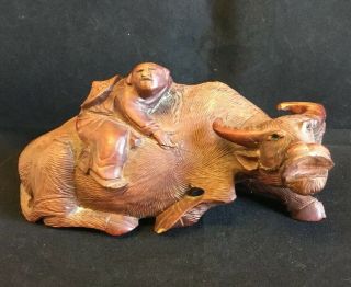 ANTIQUE CHINESE CARVED OXEN / WATER BUFFALO WITH FIGURE OF MAN ON TOP TREEN 5