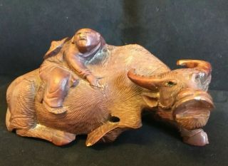 ANTIQUE CHINESE CARVED OXEN / WATER BUFFALO WITH FIGURE OF MAN ON TOP TREEN 7