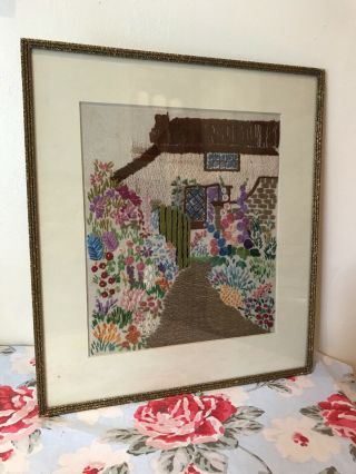 Vintage Embroidered Needlepoint Country Cottage Garden Framed Picture Floral