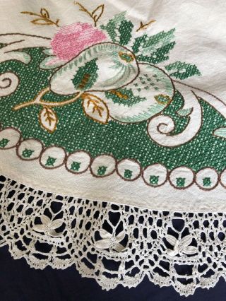 Vintage Heavily Hand Embroidered Cream Linen Tablecloth Needle Lace Edging