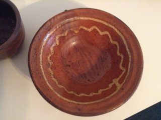 Antique Redware Dish/bowl W/ Yellow Slip Decoration,  Pa C 1840