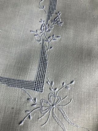Vintage White Linen Madeira Work Hand Embroidered Oblong Table Runner