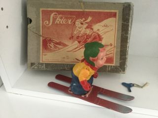 Vintage Wind - Up Skier Toy Celluloid Made In Occupied Japan Box