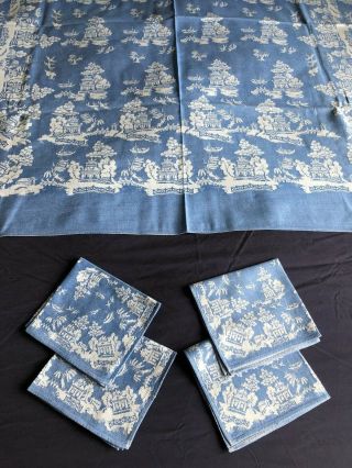 Vintage Blue & White Willow Pattern Cotton Damask Table Cloth & 4 Napkins