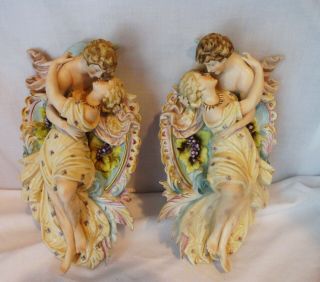 Pair Vtg Victorian Bisque/porcelain Courting Kissing Wall Plaques Semi Nude