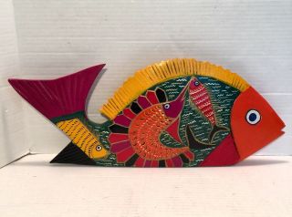 Fish Indonesian Painted Carved Wood 18” Sculpture Orange Pink Yellow