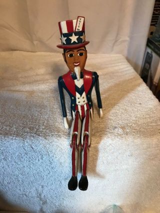 Vintage Folk Art Wooden Dancing Uncle Sam Toy on Wooden Stick 3