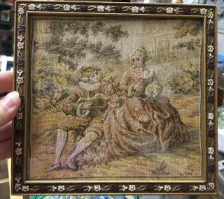 Antique Victorian Needlepoint Tapestry Framed 1800s Women Man Couple Richards