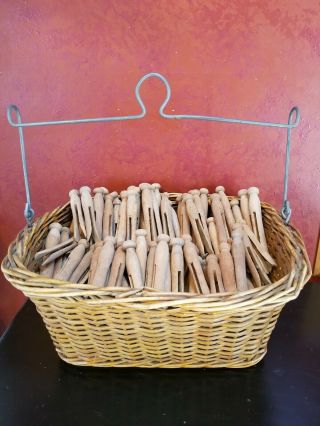 185,  Vintage Round Clothes Pins Wooden Rustic Primitive Crafting Laundry Basket