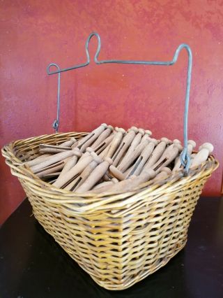 185,  Vintage ROUND Clothes Pins Wooden Rustic Primitive Crafting Laundry Basket 2