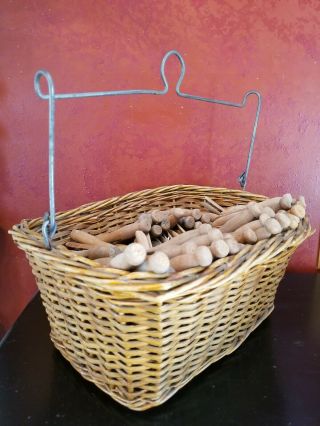 185,  Vintage ROUND Clothes Pins Wooden Rustic Primitive Crafting Laundry Basket 3