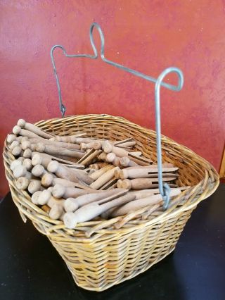 185,  Vintage ROUND Clothes Pins Wooden Rustic Primitive Crafting Laundry Basket 5