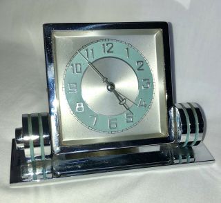 Vintage Art Deco Chrome Light Turquoise Alarm Desk Clock For Repair