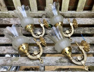 Quality Cast Brass Wall Lights & Glass Shades.  Set Of Four.  1980’s.