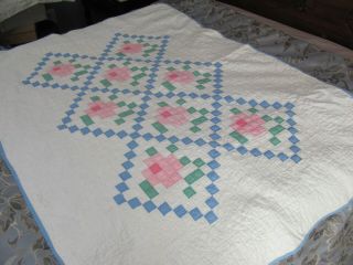 Vtg 1930s Cottage Charm Hand - Stitched Baby Crib Quilt Small Block Roses $24 Nr