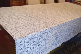 Vintage Cream Machine Lace Large Tablecloth Or Double Bedspread Bedcover T121