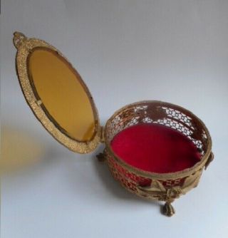 7 - 1/2 " Vintage Casket Jewelry Box Ormolu Glass Filigree Brass Footed Art Nouveau
